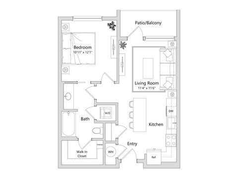 A floor plan of a small apartment with a living room, kitchen, bathroom, bedroom and closet.
